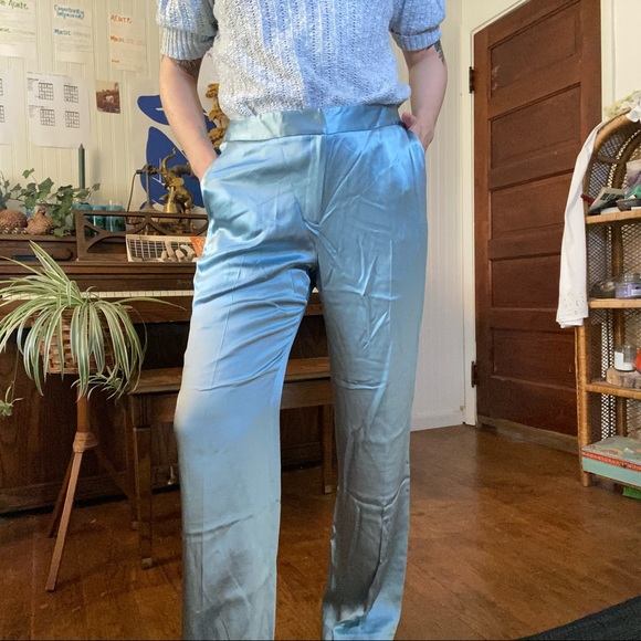 vintage silk baby blue pastel high waist trousers with pockets waist 32 x 32 - Picture 13 of 16